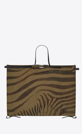 SAINT LAURENT Business Herren Schlichte ID Tasche aus khakifarbenem Gabardine mit Zebraprint und schwarzem Leder a_V4